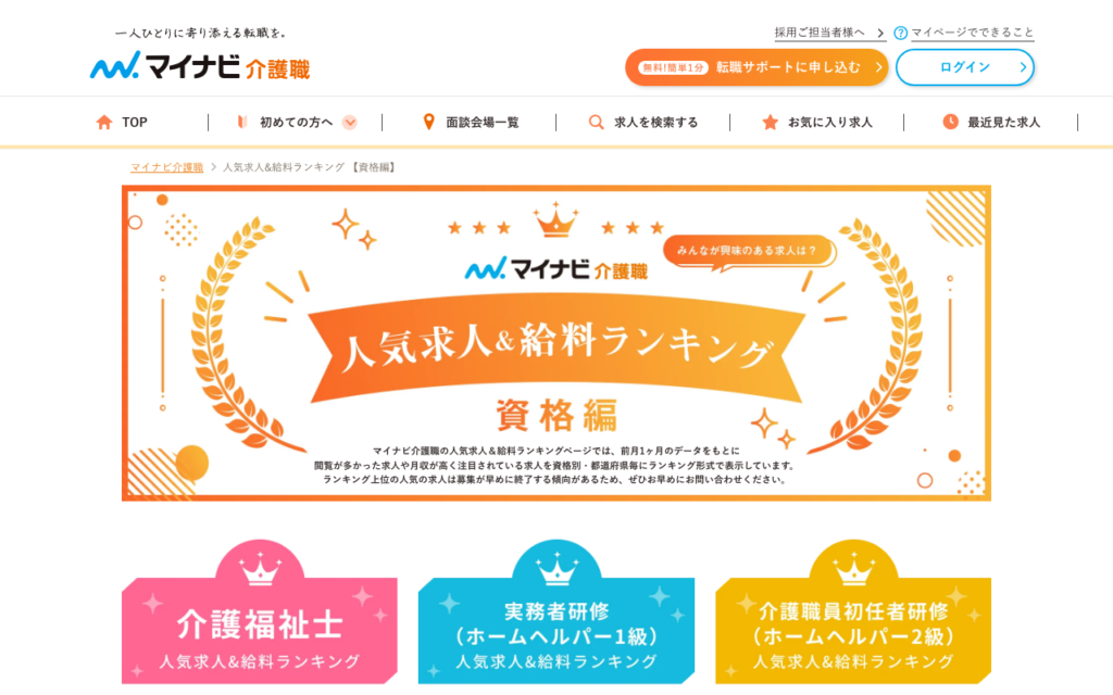 マイナビ介護職「人気求人&給料ランキング 資格編」ページのスクショ