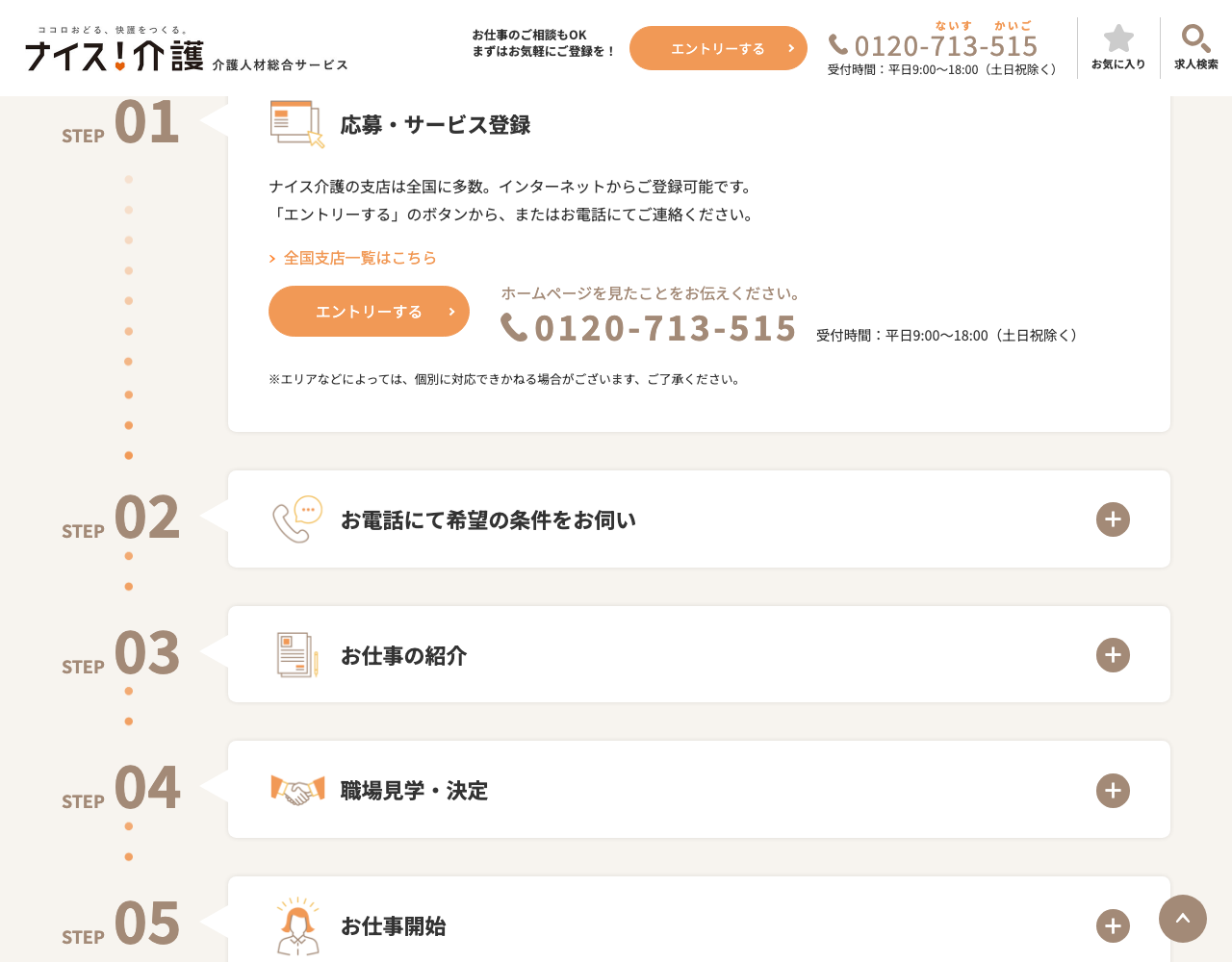 ナイス介護 公式サイト「お仕事開始までの流れ」STEP01〜05のスクショ