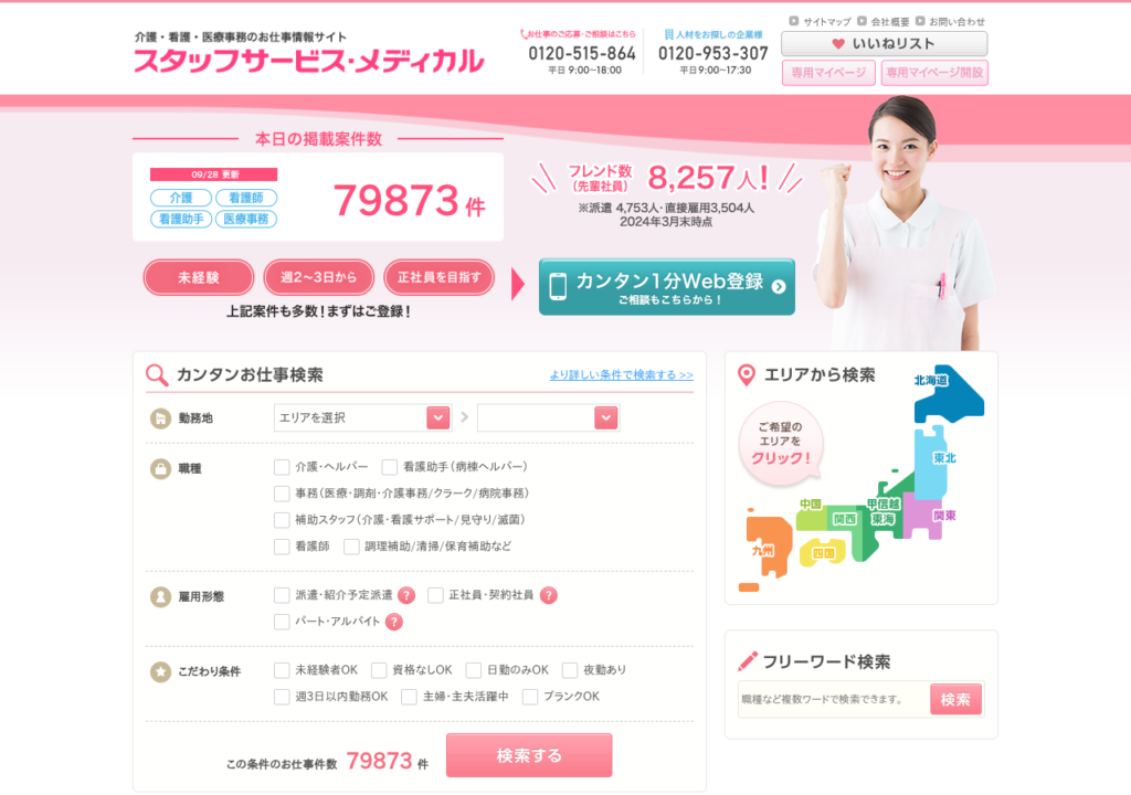 スタッフサービスメディカル公式サイトトップページのスクショ(本日の掲載案件数の表示)